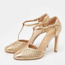 Pre Owned Salvatore Ferragamo Gold Woven Leather Emanuela Pumps Size 38