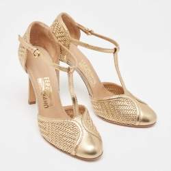Pre Owned Salvatore Ferragamo Gold Woven Leather Emanuela Pumps Size 38