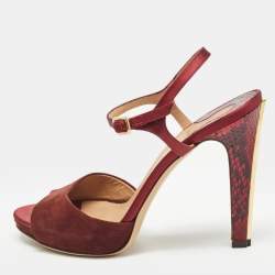 Salvatore Ferragamo Burgundy Suede and Python Leather Ankle Strap Sandals Size 38.5