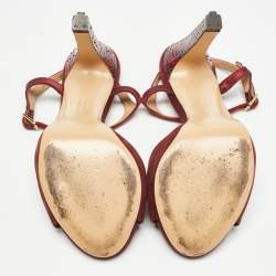 Salvatore Ferragamo Burgundy Suede and Python Leather Ankle Strap Sandals Size 38.5