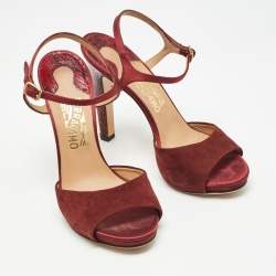 Salvatore Ferragamo Burgundy Suede and Python Leather Ankle Strap Sandals Size 38.5