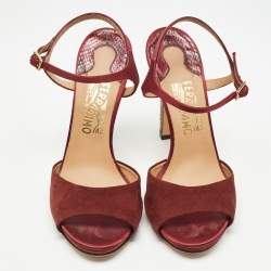 Salvatore Ferragamo Burgundy Suede and Python Leather Ankle Strap Sandals Size 38.5