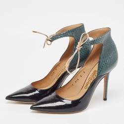 Pre Owned Salvatore Ferragamo Black/Green Patent Leather and Snakeskin Lace Up Pumps Size 38.5