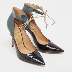Pre Owned Salvatore Ferragamo Black/Green Patent Leather and Snakeskin Lace Up Pumps Size 38.5