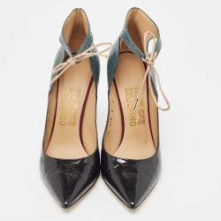 Pre Owned Salvatore Ferragamo Black/Green Patent Leather and Snakeskin Lace Up Pumps Size 38.5