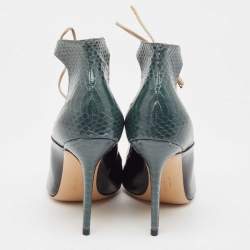 Pre Owned Salvatore Ferragamo Black/Green Patent Leather and Snakeskin Lace Up Pumps Size 38.5