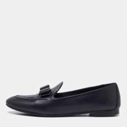 Pre Owned Salvatore Ferragamo Black Leather Bow Smoking Slippers Size 38.5