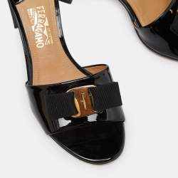 Pre Owned Salvatore Ferragamo Black Patent Leather Vara Bow Slide Sandals Size 37