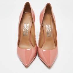 Pre Owned Salvatore Ferragamo Peach Patent Leather Pointed Toe Pumps Size 40.5