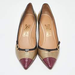 Salvatore Ferragamo Tri Color Python Embossed and Patent Leather Pointed Toe Pumps Size 38