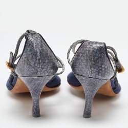 Salvatore Ferragamo Blue Denim and Snakeskin Leather Sandals Size 37.5