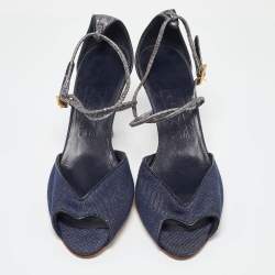 Salvatore Ferragamo Blue Denim and Snakeskin Leather Sandals Size 37.5