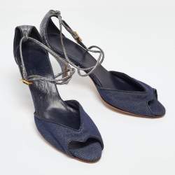 Salvatore Ferragamo Blue Denim and Snakeskin Leather Sandals Size 37.5