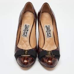 Salvatore Ferragamo Brown Quilted Patent Leather Vara Bow Platform Pumps Size 38.5