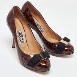 Salvatore Ferragamo Brown Quilted Patent Leather Vara Bow Platform Pumps Size 38.5