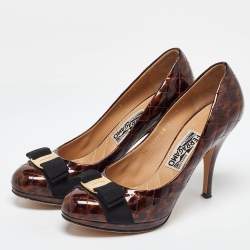 Salvatore Ferragamo Brown Quilted Patent Leather Vara Bow Platform Pumps Size 38.5