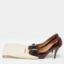 Salvatore Ferragamo Brown Quilted Patent Leather Vara Bow Platform Pumps Size 38.5