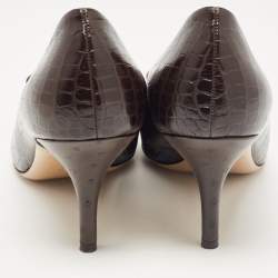 Pre Owned Salvatore Ferragamo Brown Embossed Croc and Suede Vara Bow Pumps 39