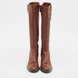 Pre Owned Salvatore Ferragamo Brown Leather Knee Length Boots Size 37.5