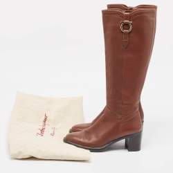 Pre Owned Salvatore Ferragamo Brown Leather Knee Length Boots Size 37.5