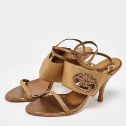 Salvatore Ferragamo Gold Canvas and Leather Ankle Strap Sandals Size 38