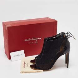 Salvatore Ferragamo Black Lace and Python Nufus Open Toe Booties Size 39.5