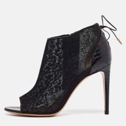 Salvatore Ferragamo Black Lace and Python Nufus Open Toe Booties Size 39.5