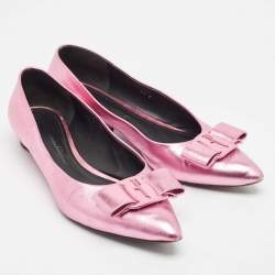 Salvatore Ferragamo Metallic Pink Leather Viva Bow Ballet Flats Size 40