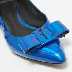 Salvatore Ferragamo Metallic Blue Patent Leather Viva Bow Ballet Flats Size 40