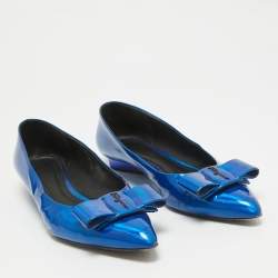 Salvatore Ferragamo Metallic Blue Patent Leather Viva Bow Ballet Flats Size 40