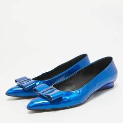 Salvatore Ferragamo Metallic Blue Patent Leather Viva Bow Ballet Flats Size 40