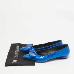 Salvatore Ferragamo Metallic Blue Patent Leather Viva Bow Ballet Flats Size 40