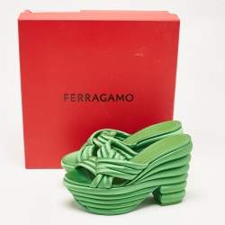 Pre Owned Salvatore Ferragamo Green Satin Platform Sandals Size 38.5
