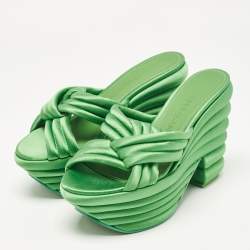 Pre Owned Salvatore Ferragamo Green Satin Platform Sandals Size 38.5