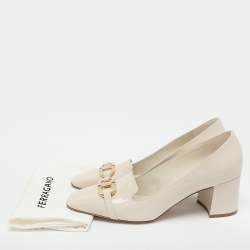 Pre Owned Salvatore Ferragamo Cream Patent Leather Gancini Block Heel Pumps Size 41.5