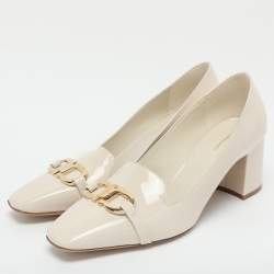 Pre Owned Salvatore Ferragamo Cream Patent Leather Gancini Block Heel Pumps Size 41.5
