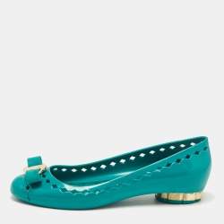 Salvatore Ferragamo Green Rubber Vara Bow Ballet Flats Size 37.5