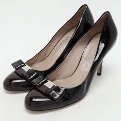 Pre Owned Salvatore Ferragamo Black/Burgundy Patent Leather Bow Pumps Size 38