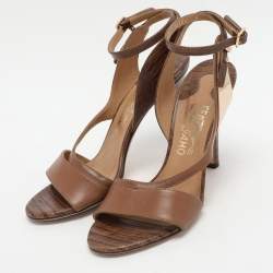 Pre Owned Salvatore Ferragamo Brown Leather Ankle Strap Sandals Size 36.5