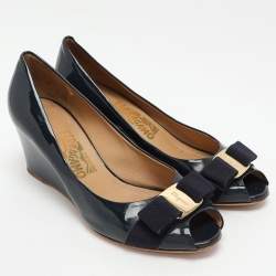 Salvatore Ferragamo Blue Patent Leather Vara Bow Wedge Pumps Size 37.5