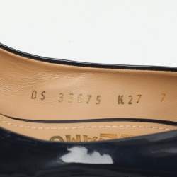 Salvatore Ferragamo Blue Patent Leather Vara Bow Wedge Pumps Size 37.5