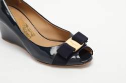 Salvatore Ferragamo Blue Patent Leather Vara Bow Wedge Pumps Size 37.5