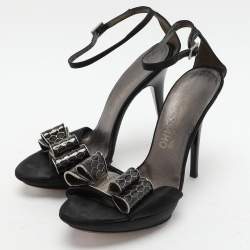 Salvatore Ferragamo Black Satin Bow Embellished Ankle Strap Sandals Size 38