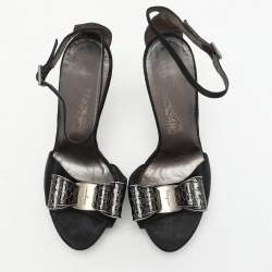 Salvatore Ferragamo Black Satin Bow Embellished Ankle Strap Sandals Size 38