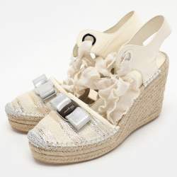 Salvatore Ferragamo Multicolor Fabric and Leather Wedge Espadrille Sandals Size 37