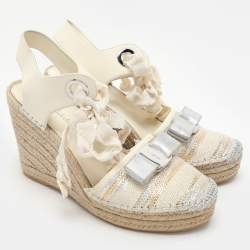 Salvatore Ferragamo Multicolor Fabric and Leather Wedge Espadrille Sandals Size 37