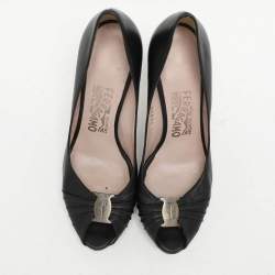 Salvatore Ferragamo Black Leather Fiberia Peep Toe Pumps Size 37.5