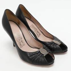 Salvatore Ferragamo Black Leather Fiberia Peep Toe Pumps Size 37.5