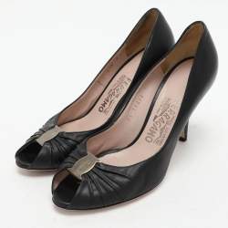 Salvatore Ferragamo Black Leather Fiberia Peep Toe Pumps Size 37.5