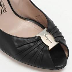 Salvatore Ferragamo Black Leather Fiberia Peep Toe Pumps Size 37.5